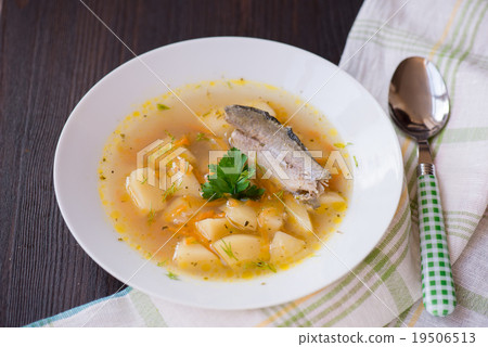 fresh soup of river fish in the plate 19506513