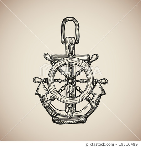 Vintage Marine Anchor with Steering Wheel isolated Vintage Marine Anchor with Steering Wheel isolated 19516489