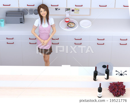 A young woman standing in the kitchen in her apron perming3DCG Illustration material A young woman standing in the kitchen in her apron perming3DCG Illustration material 19521776
