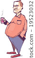 The smiling mature fat man is drinking coffee. 19523032