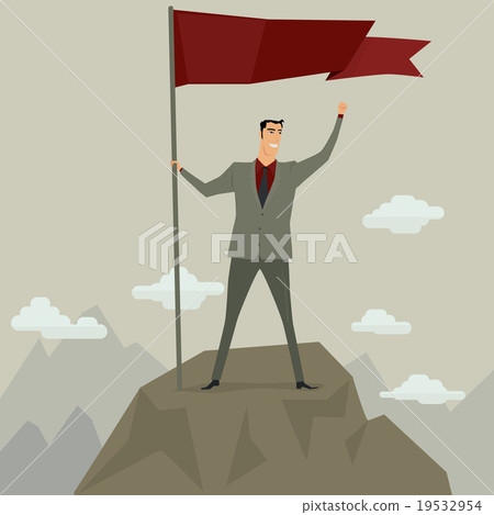 Businessman holding flag on top of mountain. 19532954