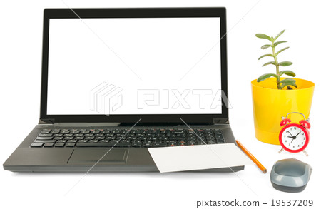 Laptop with blank card and alarm clock Laptop with blank card and alarm clock 19537209