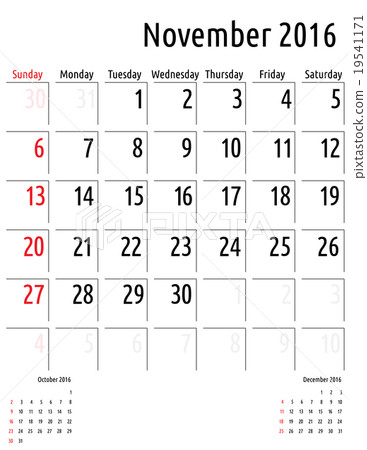 Calendar November 2016 Vector Calendar Template Stock Illustration 19541171 Pixta