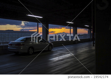 日落和汽車的後部 19542174