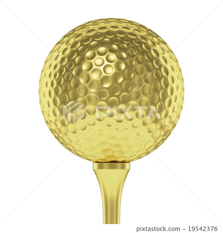 Golden golf ball on tee closeup isolated on white 19542376