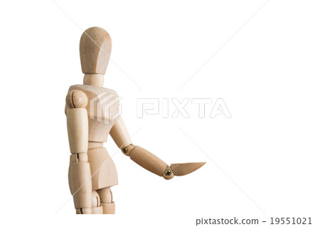 wooden figure present something on hand, isolated  19551021
