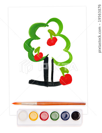 painted apple tree, watercolor set and brush 19563876