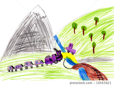 train and car. child drawing. 19563921