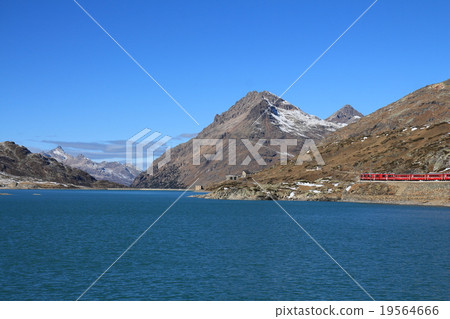 Train on the Bernina pass and turquoise Lake Blanc 19564666