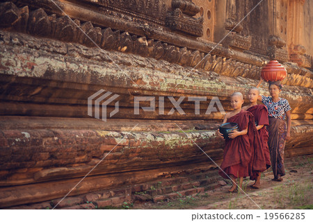 Buddhist novice monks walking alms 19566285