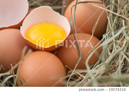 Chicken eggs in decorative straw nest. Chicken eggs in decorative straw nest. 19578310