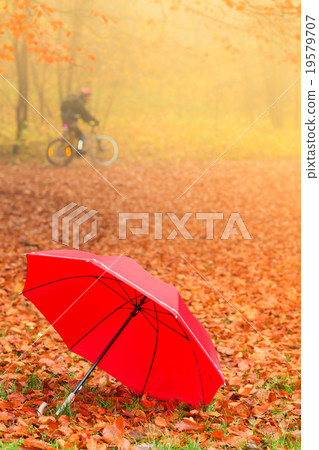 Red umbrella in autumn park on leaves carpet. Red umbrella in autumn park on leaves carpet. 19579707