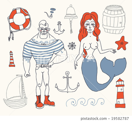 set with sailor, lighthouse, mermaid, ship and 19582787
