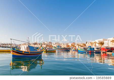 Colorful traditional boats, Marsaxlokk, Malta. 19585669
