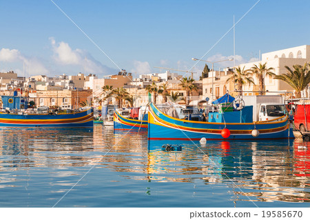 Colorful traditional boats, Marsaxlokk, Malta. 19585670