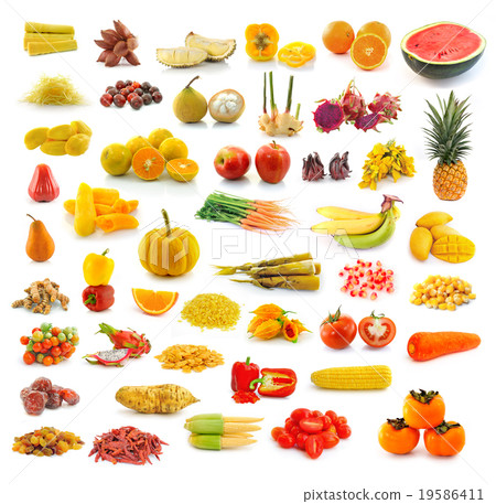 Fruits, vegetables, yellow and red. 19586411