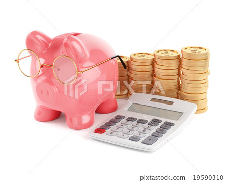 Pink piggy bank with golden coins and calculator - Stock Illustration ...