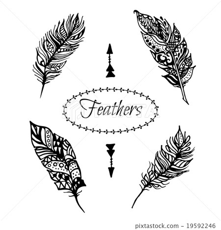 Hand drawn vector zentangle black feathers set. Hand drawn vector zentangle black feathers set. 19592246