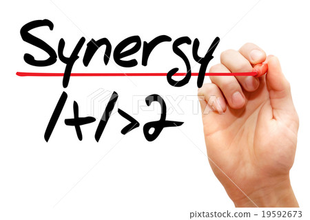 Hand writing Synergy 1+1>2, business concept.. 19592673