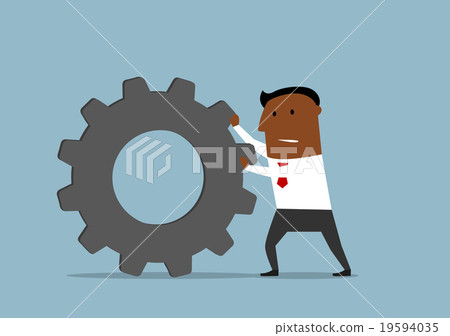 Unhappy businessman pushing a gear wheel 19594035