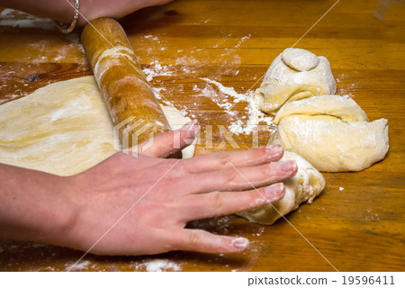 Hands baking dough with rolling pin on table 19596411