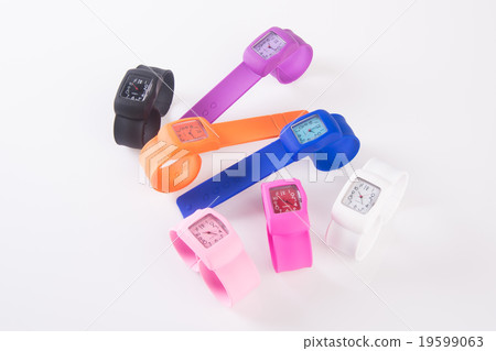 colorful set of plastic watches isolated on white 19599063