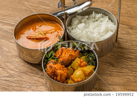 典型的印度咖哩盒午餐印度咖哩雞肉午餐 典型的印度咖哩盒午餐印度咖哩雞肉午餐 19599952
