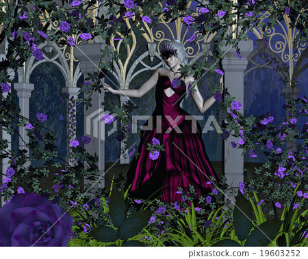 Woman with Venetian Carnival Mask in Rose Arbour 19603252