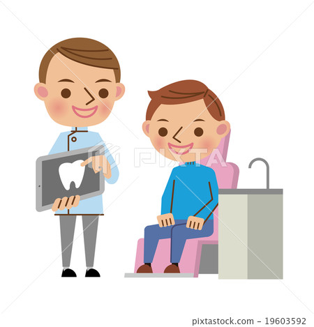 A dentist (cellphone, young man) who explains with a tablet to a patient sitting on the examination table A dentist (cellphone, young man) who explains with a tablet to a patient sitting on the examination table 19603592