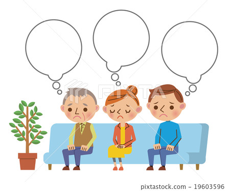Three patients waiting with uneasy expression in the waiting room of a hospital / dental clinic (with ballistic frame) Three patients waiting with uneasy expression in the waiting room of a hospital / dental clinic (with ballistic frame) 19603596