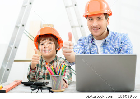 Cheerful father and son making renovation Cheerful father and son making renovation 19603910