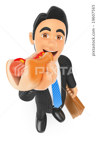 3D Businessman eating a hot dog 19607565