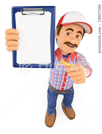 3D Worker with blank clipboard and a pencil 19607566