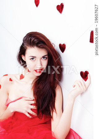 Brunette girl with red hearts 19607627
