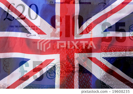 UK flag colorful and background pound banknotes 19608235