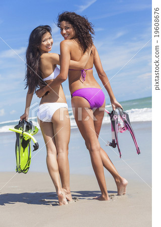 Beautiful Bikini Women Girls At Beach - Stock Photo 19608676