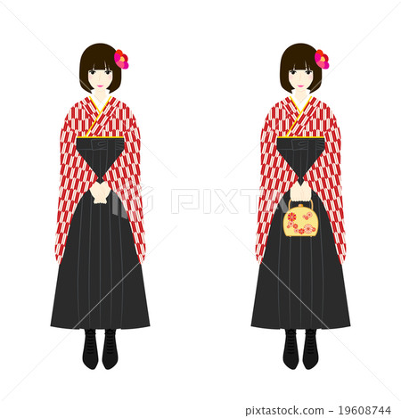 插圖素材:女性為褲裙形女性和服紅色和白色服裝黑色褲裙靴 插圖素材:女性為褲裙形女性和服紅色和白色服裝黑色褲裙靴 19608744