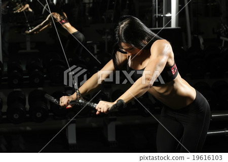 Brunette fitness girl perfect body in gym. doing Brunette fitness girl perfect body in gym. doing 19616103