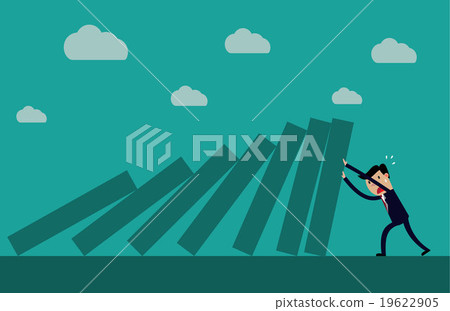 Businessman pushing hard against falling deck 19622905