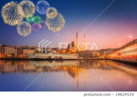Panorama of Istanbul at sunset with fireworks 19624529