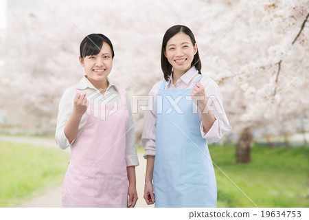 Two young women home helpers in apron standing on cherry blossoms in full bloom 19634753