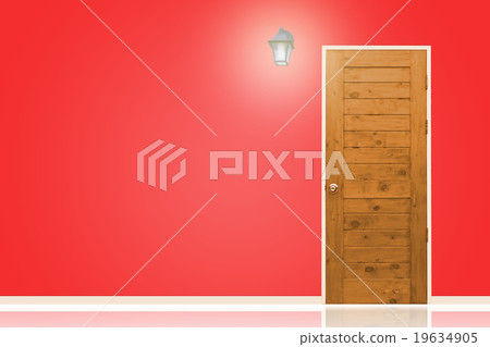 Wooden door and lamp with isolated red wall. Wooden door and lamp with isolated red wall. 19634905
