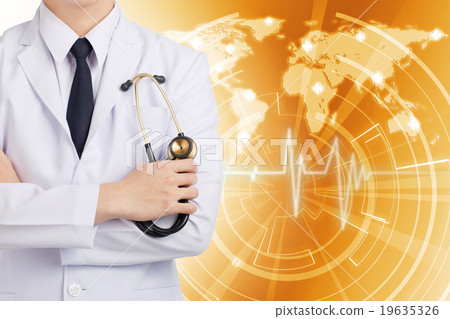 Doctor man holding stethoscope on global network. 19635326