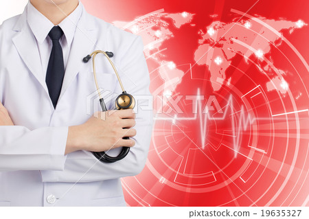 Doctor man holding stethoscope on global network. 19635327