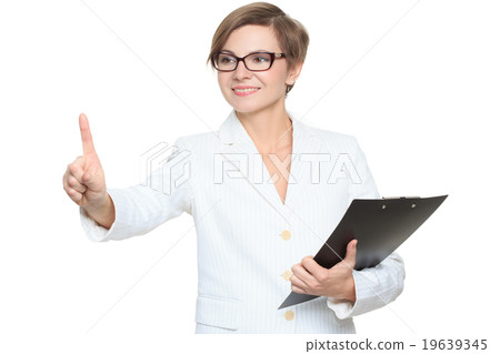 Young attractive businesswoman pressing the Young attractive businesswoman pressing the 19639345