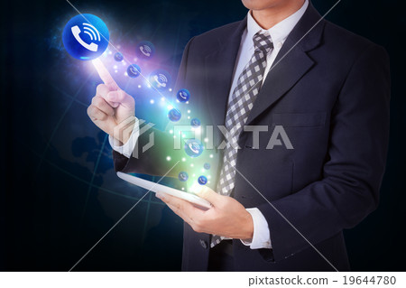 Businessman with pressing telephone sign icon Businessman with pressing telephone sign icon 19644780