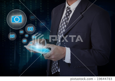 Businessman hand touch camera icons Businessman hand touch camera icons 19644783