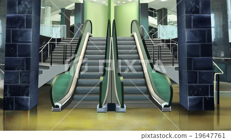 Building entrance with escalator. 19647761