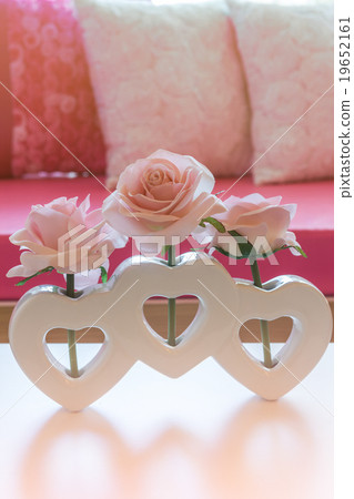 Artificial pink rose flower in heart shape vase 19652161