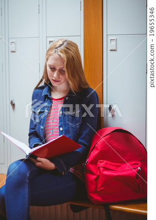 Focused student sitting and studying on notebook 19655346